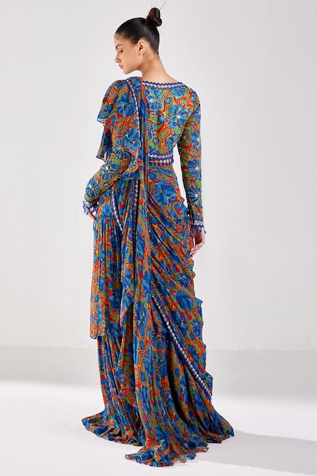 Shop Diyarajvvir Red Georgette, Modal, Tulle Blossom Print Pre Draped Ruffle Saree With Blouse at Aza Fashions Shop_Diyarajvvir_Red Georgette, Modal, Tulle Blossom Print Pre Draped Ruffle Saree With Blouse _at_Aza_Fashions