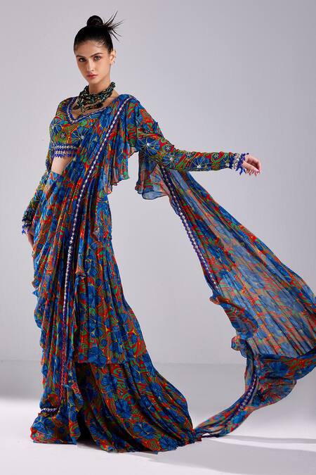 Diyarajvvir Red Georgette, Modal, Tulle Blossom Print Pre Draped Ruffle Saree With Blouse Online at Aza Fashions Diyarajvvir_Red Georgette, Modal, Tulle Blossom Print Pre Draped Ruffle Saree With Blouse _Online_at_Aza_Fashions