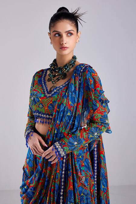 Buy Diyarajvvir Red Georgette, Modal, Tulle Blossom Print Pre Draped Ruffle Saree With Blouse Online at Aza Fashions Buy_Diyarajvvir_Red Georgette, Modal, Tulle Blossom Print Pre Draped Ruffle Saree With Blouse _Online_at_Aza_Fashions