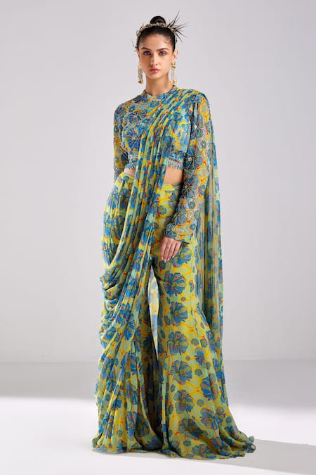 DiyaRajvvir Blue Modal And Georgette Print Rafflesia Pant Saree With Blouse 