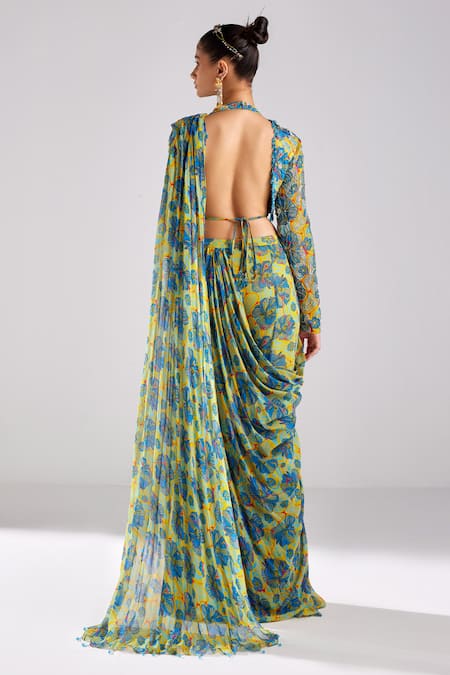 Shop Diyarajvvir Blue Modal, Georgette, Tulle Rafflesia Bloom Print Pant Saree With Blouse at Aza Fashions Shop_Diyarajvvir_Blue Modal, Georgette, Tulle Rafflesia Bloom Print Pant Saree With Blouse _at_Aza_Fashions