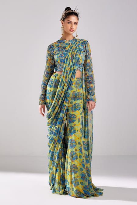 Diyarajvvir Blue Modal, Georgette, Tulle Rafflesia Bloom Print Pant Saree With Blouse Online at Aza Fashions Diyarajvvir_Blue Modal, Georgette, Tulle Rafflesia Bloom Print Pant Saree With Blouse _Online_at_Aza_Fashions