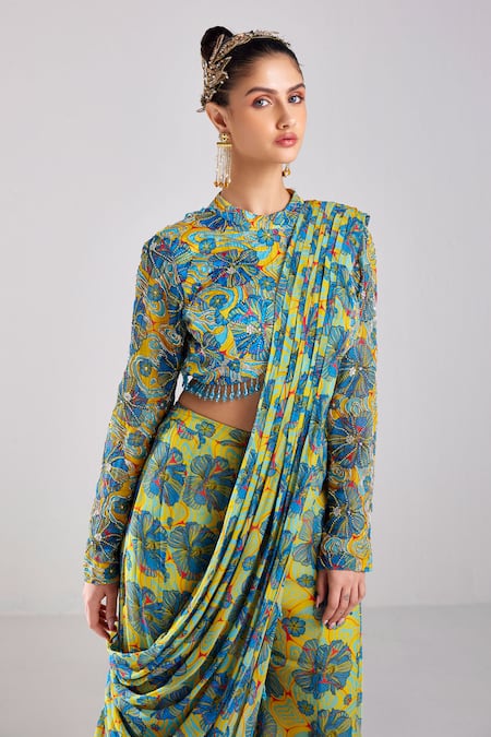 Buy Diyarajvvir Blue Modal, Georgette, Tulle Rafflesia Bloom Print Pant Saree With Blouse Online at Aza Fashions Buy_Diyarajvvir_Blue Modal, Georgette, Tulle Rafflesia Bloom Print Pant Saree With Blouse _Online_at_Aza_Fashions