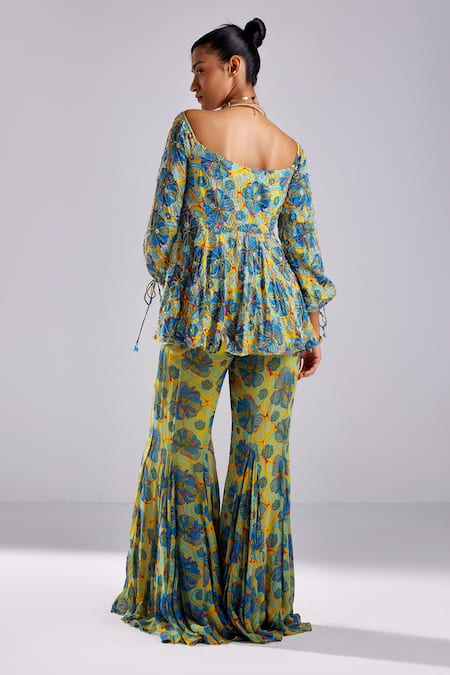 Shop Diyarajvvir Blue Modal, Georgette Tassels, Bluebell Bloom Print Peplum Kurta With Sharara at Aza Fashions Shop_Diyarajvvir_Blue Modal, Georgette Tassels, Bluebell Bloom Print Peplum Kurta With Sharara _at_Aza_Fashions