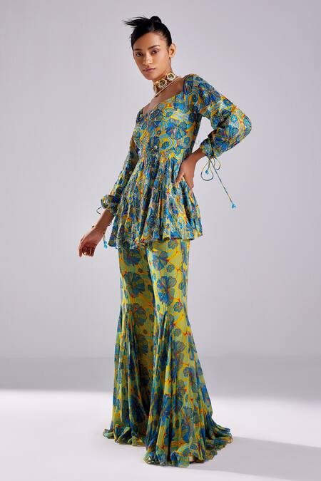 Diyarajvvir Blue Modal, Georgette Tassels, Bluebell Bloom Print Peplum Kurta With Sharara Online at Aza Fashions Diyarajvvir_Blue Modal, Georgette Tassels, Bluebell Bloom Print Peplum Kurta With Sharara _Online_at_Aza_Fashions