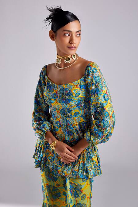 Buy Diyarajvvir Blue Modal, Georgette Tassels, Bluebell Bloom Print Peplum Kurta With Sharara Online at Aza Fashions Buy_Diyarajvvir_Blue Modal, Georgette Tassels, Bluebell Bloom Print Peplum Kurta With Sharara _Online_at_Aza_Fashions