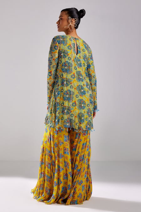 Shop Diyarajvvir Blue Georgette, Tulle, Satin Tassels Petunia Bloom Print Kurta With Sharara at Aza Fashions Shop_Diyarajvvir_Blue Georgette, Tulle, Satin Tassels Petunia Bloom Print Kurta With Sharara _at_Aza_Fashions