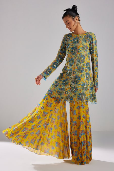 Diyarajvvir Blue Georgette, Tulle, Satin Tassels Petunia Bloom Print Kurta With Sharara Online at Aza Fashions Diyarajvvir_Blue Georgette, Tulle, Satin Tassels Petunia Bloom Print Kurta With Sharara _Online_at_Aza_Fashions