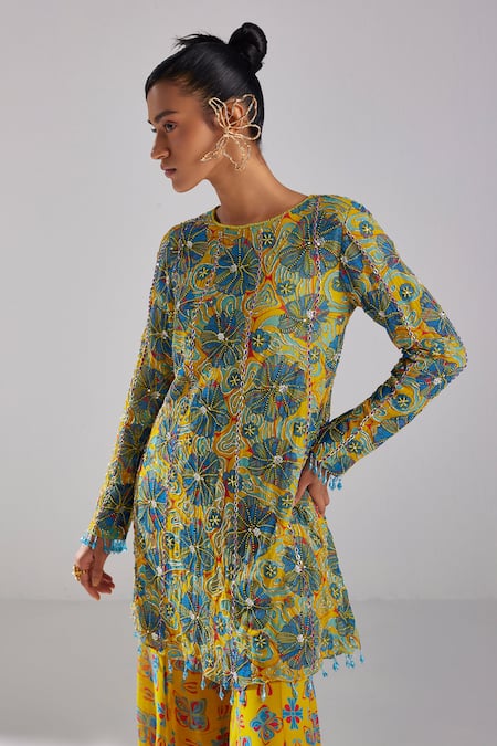 Buy Diyarajvvir Blue Georgette, Tulle, Satin Tassels Petunia Bloom Print Kurta With Sharara Online at Aza Fashions Buy_Diyarajvvir_Blue Georgette, Tulle, Satin Tassels Petunia Bloom Print Kurta With Sharara _Online_at_Aza_Fashions