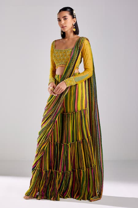 DiyaRajvvir Multi Color Tulle And Georgette Geometric Embellished Pant Saree With Blouse 