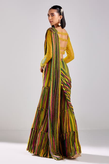 Shop Diyarajvvir Multi Color Tulle, Georgette, Satin Beads Geometric Striped Pant Saree Set at Aza Fashions Shop_Diyarajvvir_Multi Color Tulle, Georgette, Satin Beads Geometric Striped Pant Saree Set _at_Aza_Fashions