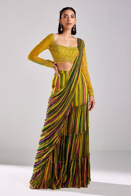 Diyarajvvir Multi Color Tulle, Georgette, Satin Beads Geometric Striped Pant Saree Set Online at Aza Fashions Diyarajvvir_Multi Color Tulle, Georgette, Satin Beads Geometric Striped Pant Saree Set _Online_at_Aza_Fashions
