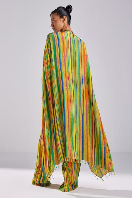 Shop Diyarajvvir Yellow Crepe Tassels Resham Patra Yoke Embroidered Striped Kaftan With Pant at Aza Fashions Shop_Diyarajvvir_Yellow Crepe Tassels Resham Patra Yoke Embroidered Striped Kaftan With Pant _at_Aza_Fashions