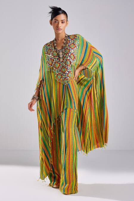 Diyarajvvir Yellow Crepe Tassels Resham Patra Yoke Embroidered Striped Kaftan With Pant Online at Aza Fashions Diyarajvvir_Yellow Crepe Tassels Resham Patra Yoke Embroidered Striped Kaftan With Pant _Online_at_Aza_Fashions