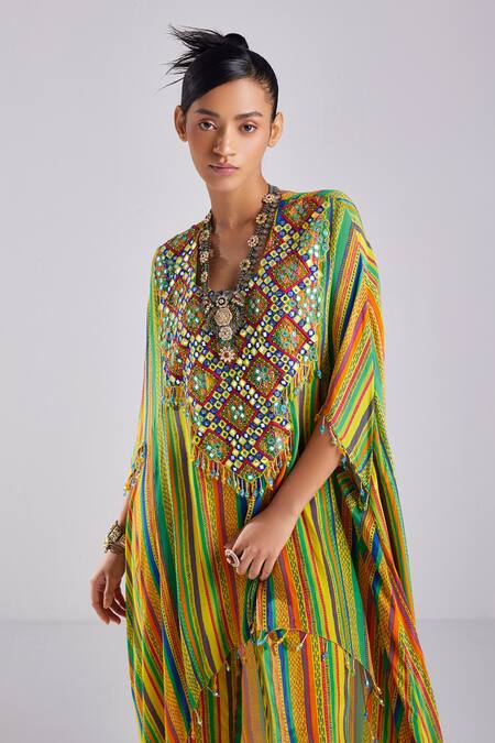 Buy Diyarajvvir Yellow Crepe Tassels Resham Patra Yoke Embroidered Striped Kaftan With Pant Online at Aza Fashions Buy_Diyarajvvir_Yellow Crepe Tassels Resham Patra Yoke Embroidered Striped Kaftan With Pant _Online_at_Aza_Fashions
