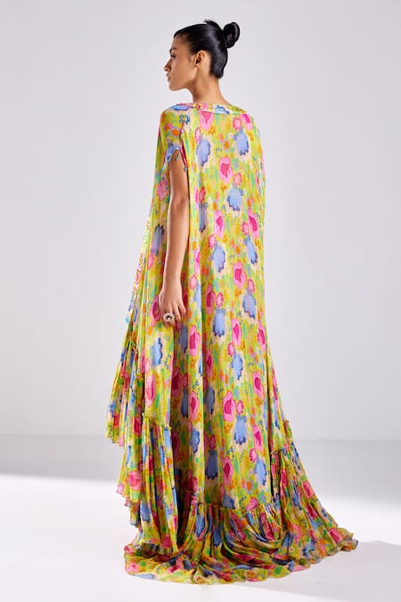 Shop Diyarajvvir Yellow Cotton, Georgette, Silk Beads, Bloom Garden Print Cape Gharara Pant Set at Aza Fashions Shop_Diyarajvvir_Yellow Cotton, Georgette, Silk Beads, Bloom Garden Print Cape Gharara Pant Set _at_Aza_Fashions