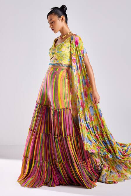 Diyarajvvir Yellow Cotton, Georgette, Silk Beads, Bloom Garden Print Cape Gharara Pant Set Online at Aza Fashions Diyarajvvir_Yellow Cotton, Georgette, Silk Beads, Bloom Garden Print Cape Gharara Pant Set _Online_at_Aza_Fashions