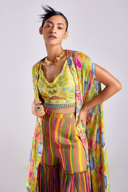 Buy Diyarajvvir Yellow Cotton, Georgette, Silk Beads, Bloom Garden Print Cape Gharara Pant Set Online at Aza Fashions Buy_Diyarajvvir_Yellow Cotton, Georgette, Silk Beads, Bloom Garden Print Cape Gharara Pant Set _Online_at_Aza_Fashions