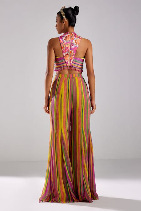 Shop Diyarajvvir Pink Modal, Georgette Beads Blossom Garden Print Crop Top With Bell Bottom Pant at Aza Fashions Shop_Diyarajvvir_Pink Modal, Georgette Beads Blossom Garden Print Crop Top With Bell Bottom Pant _at_Aza_Fashions