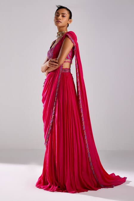 Diyarajvvir Pink Cotton, Silk, Crepe Leaf Border Embroidered Pre-draped Saree With Blouse Online at Aza Fashions Diyarajvvir_Pink Cotton, Silk, Crepe Leaf Border Embroidered Pre-draped Saree With Blouse _Online_at_Aza_Fashions