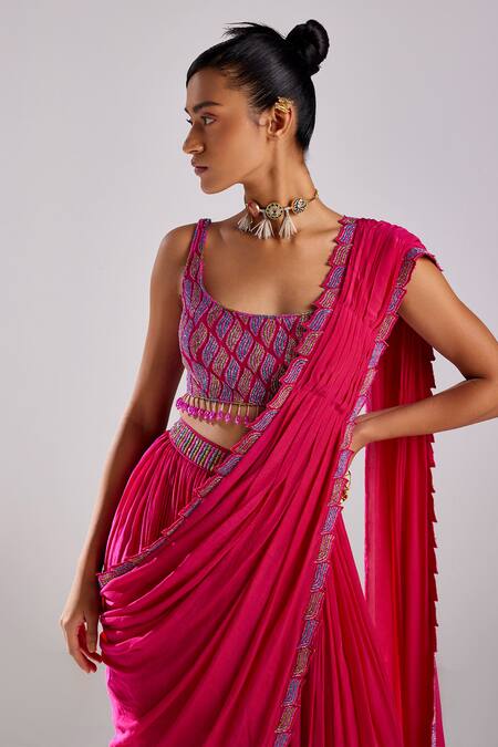 Buy Diyarajvvir Pink Cotton, Silk, Crepe Leaf Border Embroidered Pre-draped Saree With Blouse Online at Aza Fashions Buy_Diyarajvvir_Pink Cotton, Silk, Crepe Leaf Border Embroidered Pre-draped Saree With Blouse _Online_at_Aza_Fashions