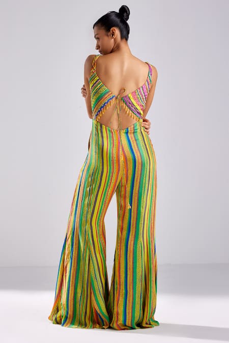 Shop Diyarajvvir Yellow Crepe, Linen Sequins, Beads, Cut Striped Print Embellished Out Jumpsuit at Aza Fashions Shop_Diyarajvvir_Yellow Crepe, Linen Sequins, Beads, Cut Striped Print Embellished Out Jumpsuit _at_Aza_Fashions