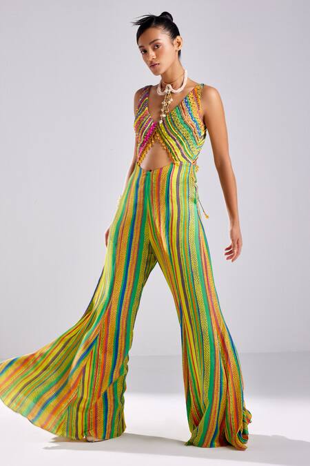 Diyarajvvir Yellow Crepe, Linen Sequins, Beads, Cut Striped Print Embellished Out Jumpsuit Online at Aza Fashions Diyarajvvir_Yellow Crepe, Linen Sequins, Beads, Cut Striped Print Embellished Out Jumpsuit _Online_at_Aza_Fashions