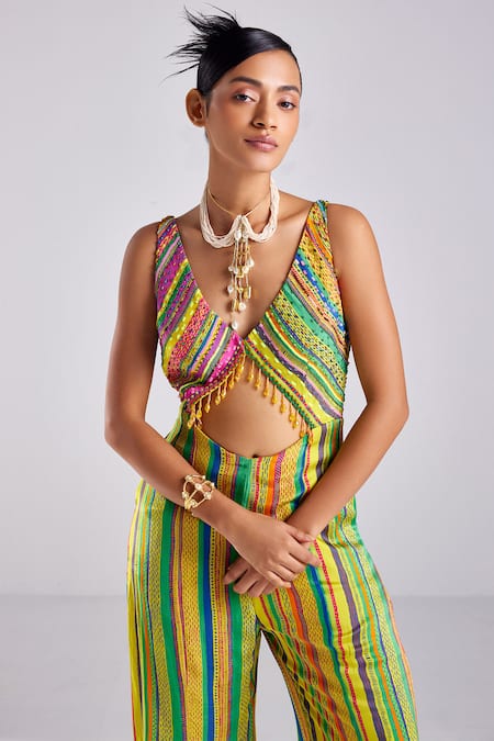 Buy Diyarajvvir Yellow Crepe, Linen Sequins, Beads, Cut Striped Print Embellished Out Jumpsuit Online at Aza Fashions Buy_Diyarajvvir_Yellow Crepe, Linen Sequins, Beads, Cut Striped Print Embellished Out Jumpsuit _Online_at_Aza_Fashions