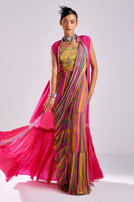 DiyaRajvvir Pink Cotton Silk Blouse Abstract Striped Print Gharara Saree Cape Set 