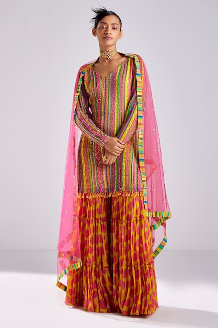 DiyaRajvvir Pink Georgette And Tulle Print Striped Linear Sequin Embellished Kurta Gharara Set 