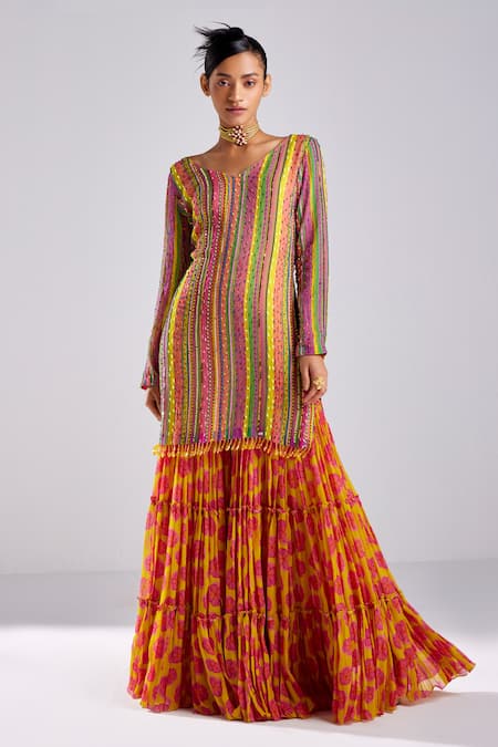 Shop Diyarajvvir Pink Georgette, Tulle, Cotton Beads, Linear Embellished Kurta Gharara Set at Aza Fashions Shop_Diyarajvvir_Pink Georgette, Tulle, Cotton Beads, Linear Embellished Kurta Gharara Set _at_Aza_Fashions