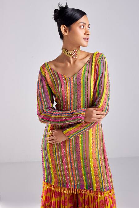 Buy Diyarajvvir Pink Georgette, Tulle, Cotton Beads, Linear Embellished Kurta Gharara Set Online at Aza Fashions Buy_Diyarajvvir_Pink Georgette, Tulle, Cotton Beads, Linear Embellished Kurta Gharara Set _Online_at_Aza_Fashions