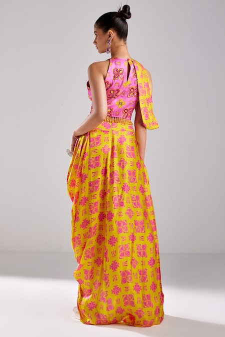 Shop Diyarajvvir Yellow Modal Beads Petunia Buta Print Embellished Crop Top With Draped Skirt at Aza Fashions Shop_Diyarajvvir_Yellow Modal Beads Petunia Buta Print Embellished Crop Top With Draped Skirt _at_Aza_Fashions