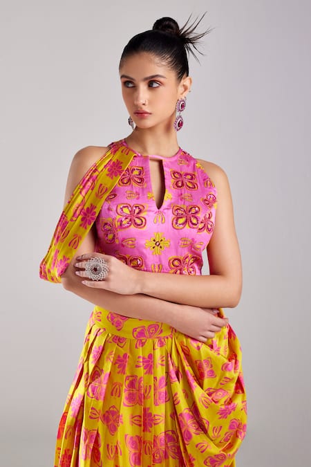 Diyarajvvir Yellow Modal Beads Petunia Buta Print Embellished Crop Top With Draped Skirt Online at Aza Fashions Diyarajvvir_Yellow Modal Beads Petunia Buta Print Embellished Crop Top With Draped Skirt _Online_at_Aza_Fashions