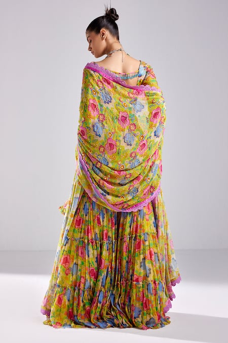 Shop Diyarajvvir Yellow Modal, Georgette, Tulle Blossom Garden Print Blouse Gharara Pant Set at Aza Fashions Shop_Diyarajvvir_Yellow Modal, Georgette, Tulle Blossom Garden Print Blouse Gharara Pant Set _at_Aza_Fashions