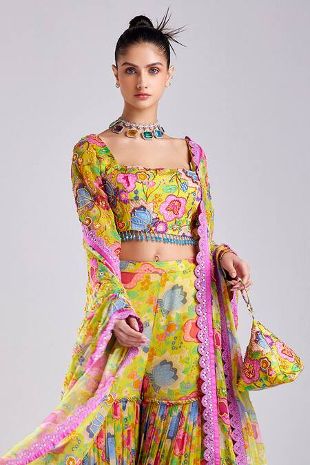Diyarajvvir Yellow Modal, Georgette, Tulle Blossom Garden Print Blouse Gharara Pant Set Online at Aza Fashions Diyarajvvir_Yellow Modal, Georgette, Tulle Blossom Garden Print Blouse Gharara Pant Set _Online_at_Aza_Fashions