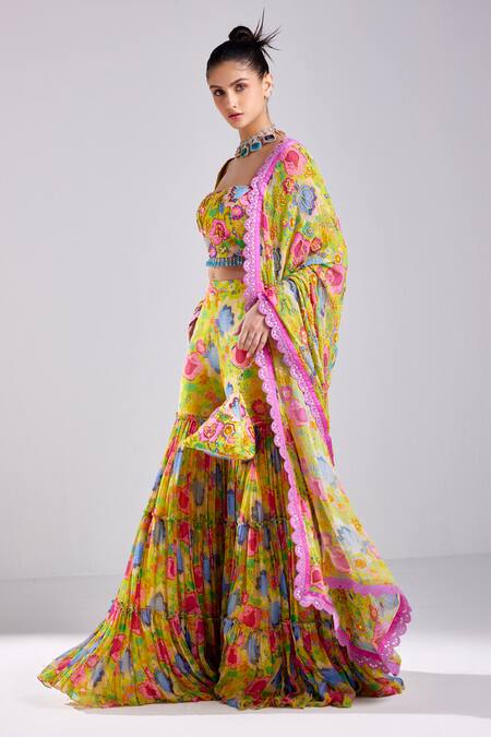 Buy Diyarajvvir Yellow Modal, Georgette, Tulle Blossom Garden Print Blouse Gharara Pant Set Online at Aza Fashions Buy_Diyarajvvir_Yellow Modal, Georgette, Tulle Blossom Garden Print Blouse Gharara Pant Set _Online_at_Aza_Fashions