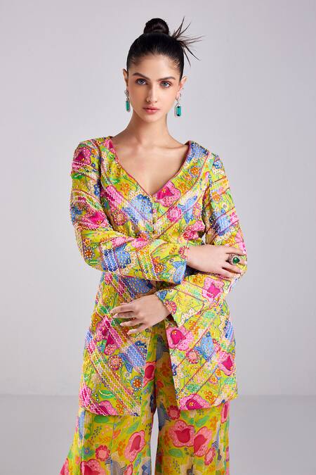 Diyarajvvir Yellow Modal, Floral Jaal Print Embroidered Jacket With Bell Bottom Pant Online at Aza Fashions Diyarajvvir_Yellow Modal, Floral Jaal Print Embroidered Jacket With Bell Bottom Pant _Online_at_Aza_Fashions