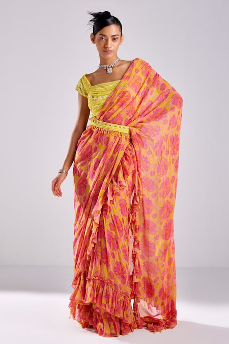 DiyaRajvvir Hibiscus Bloom Pre-Draped Ruffle Saree Set 