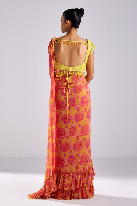 Shop Diyarajvvir Pink Georgette, Tulle, Satin Sequins, Hibiscus Bloom Pre-draped Ruffle Saree Set at Aza Fashions Shop_Diyarajvvir_Pink Georgette, Tulle, Satin Sequins, Hibiscus Bloom Pre-draped Ruffle Saree Set _at_Aza_Fashions