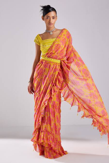 Diyarajvvir Pink Georgette, Tulle, Satin Sequins, Hibiscus Bloom Pre-draped Ruffle Saree Set Online at Aza Fashions Diyarajvvir_Pink Georgette, Tulle, Satin Sequins, Hibiscus Bloom Pre-draped Ruffle Saree Set _Online_at_Aza_Fashions