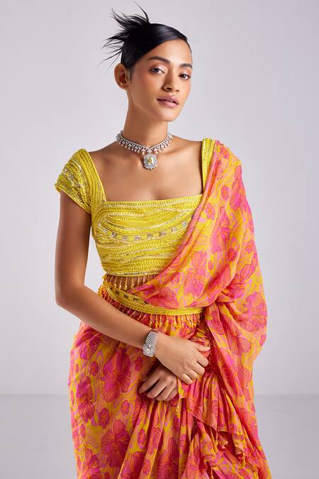 Buy Diyarajvvir Pink Georgette, Tulle, Satin Sequins, Hibiscus Bloom Pre-draped Ruffle Saree Set Online at Aza Fashions Buy_Diyarajvvir_Pink Georgette, Tulle, Satin Sequins, Hibiscus Bloom Pre-draped Ruffle Saree Set _Online_at_Aza_Fashions