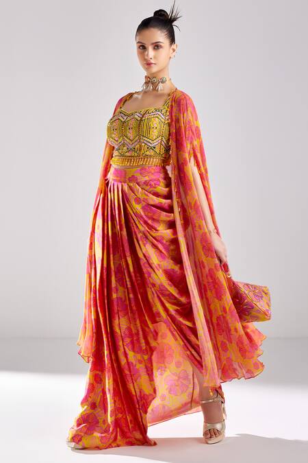 Diyarajvvir Pink Cotton, Silk, Georgette Beads, Hibiscus Garden Print Cape Dhoti Skirt Set Online at Aza Fashions Diyarajvvir_Pink Cotton, Silk, Georgette Beads, Hibiscus Garden Print Cape Dhoti Skirt Set _Online_at_Aza_Fashions