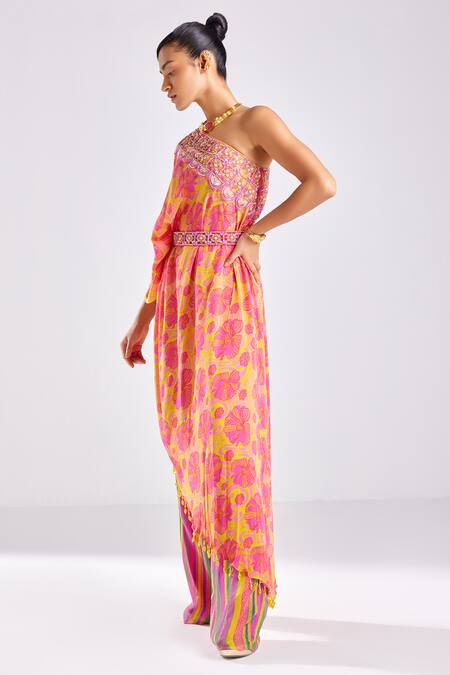 Diyarajvvir Pink Crepe, Georgette, Cotton Beads One Hibiscus Flora Print Kaftan And Pant Set Online at Aza Fashions Diyarajvvir_Pink Crepe, Georgette, Cotton Beads One Hibiscus Flora Print Kaftan And Pant Set _Online_at_Aza_Fashions