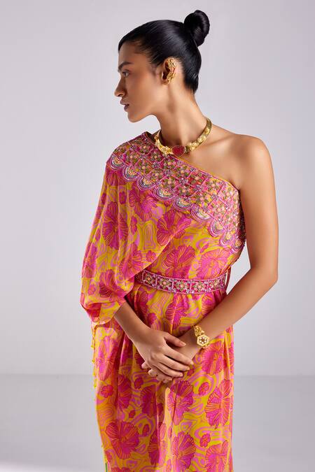 Buy Diyarajvvir Pink Crepe, Georgette, Cotton Beads One Hibiscus Flora Print Kaftan And Pant Set Online at Aza Fashions Buy_Diyarajvvir_Pink Crepe, Georgette, Cotton Beads One Hibiscus Flora Print Kaftan And Pant Set _Online_at_Aza_Fashions