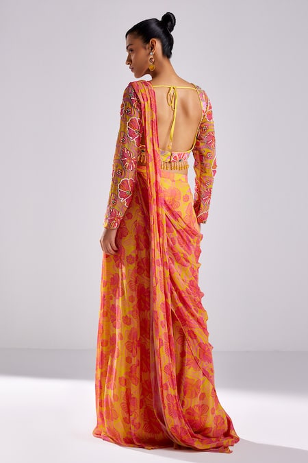 Shop Diyarajvvir Pink Modal, Georgette, Tulle Mughal Bloom Print Sharara Saree Blouse Set at Aza Fashions Shop_Diyarajvvir_Pink Modal, Georgette, Tulle Mughal Bloom Print Sharara Saree Blouse Set _at_Aza_Fashions
