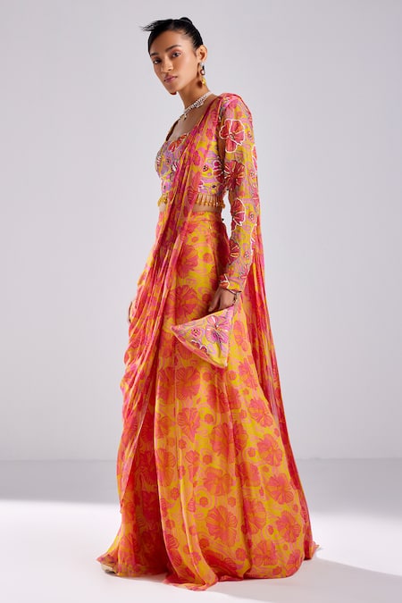 Diyarajvvir Pink Modal, Georgette, Tulle Mughal Bloom Print Sharara Saree Blouse Set Online at Aza Fashions Diyarajvvir_Pink Modal, Georgette, Tulle Mughal Bloom Print Sharara Saree Blouse Set _Online_at_Aza_Fashions