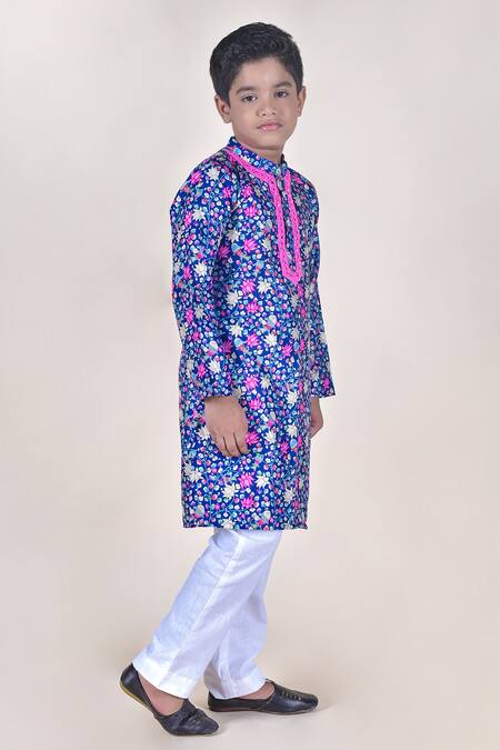 JILMIL DREAMWEAR_Blue Cotton, Silk Mirrors Floral Printed Kurta Set_Online_at_Aza_Fashions