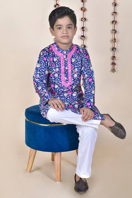Buy_JILMIL DREAMWEAR_Blue Cotton, Silk Mirrors Floral Printed Kurta Set_Online_at_Aza_Fashions