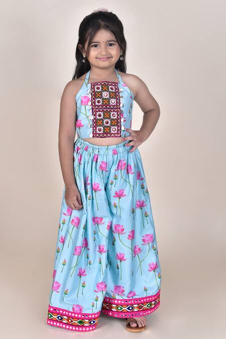 JILMIL DREAMWEAR_Blue Cotton, Silk Embroidery Lotus Print Top With Palazzo_Online_at_Aza_Fashions